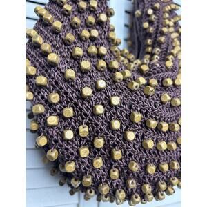 Boho crochet market bag wood bead tote brown earthy festival slouchy purse